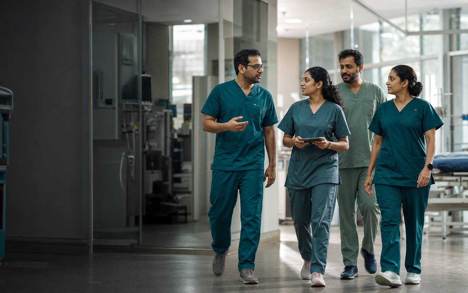 A team of Indian emergency doctors walking through a modern hospital